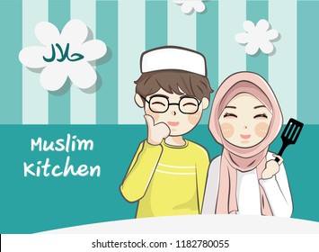 Caricatura musulmana hejab, musulmana halal cocina, musulmana cocinera