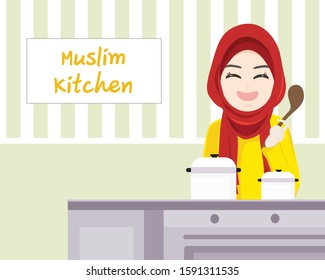 Cartoon Character Muslim Hejab ,Halal Muslim Kitchen,muslim Cook