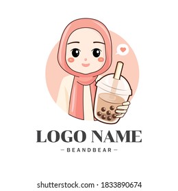 Cartoon character muslim hejab,Cartoon female presenting bubble tea,