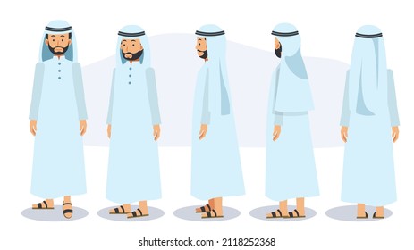 Cartoon character of muslim man. front, side, back, 3-4 view character. flat vector illustration. 