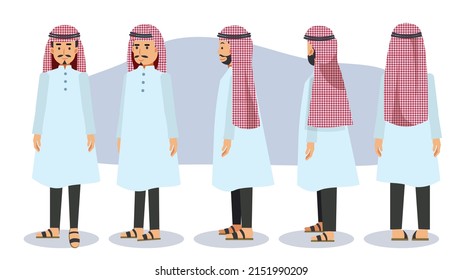 Cartoon character of muslim,arab man. front, side, back, 3-4 view character. flat vector illustration. 