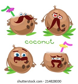 Cartoon character with a mustache with many expressions of coconut