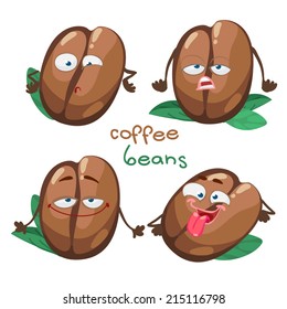 Cartoon character with a mustache with many expressions of coffee beans