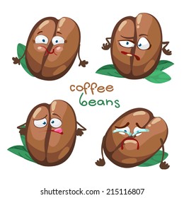 Cartoon character with a mustache with many expressions of coffee beans