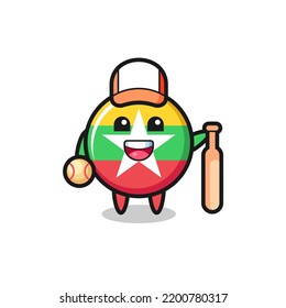 Cartoon character of myanmar flag badge as a baseball player , cute design