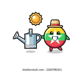 Cartoon character of myanmar flag badge holding watering can , cute design