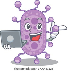 Cartoon character of mycobacterium clever student studying with a laptop