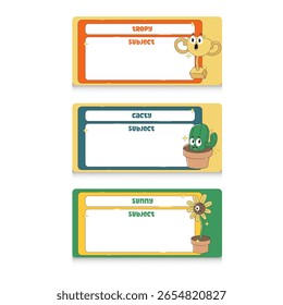 Rótulos de nome de personagens de desenho animado. Troféu, Cacto e Design de Girassol