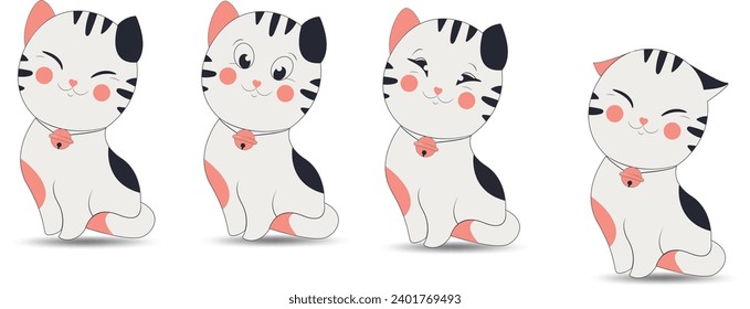 Cartoon character neko cat. Vector illustration of white fat cat with a raised paw, holding red fish,Japanese symbol of good luck, wealth and well-being.