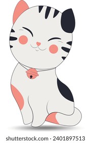 Cartoon character neko cat. Vector illustration of white fat cat with a raised paw, holding red fish,Japanese symbol of good luck, wealth and well-being.