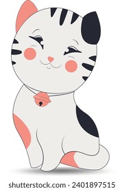 Cartoon character neko cat. Vector illustration of white fat cat with a raised paw, holding red fish,Japanese symbol of good luck, wealth and well-being.