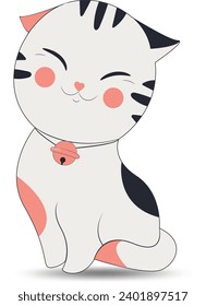 Cartoon character neko cat. Vector illustration of white fat cat with a raised paw, holding red fish,Japanese symbol of good luck, wealth and well-being.