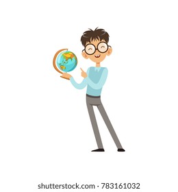 Cartoon character of nerd boy with world globe in hand. Cheerful kid in blue sweater and gray pants. Intelligent schoolboy. Flat vector design