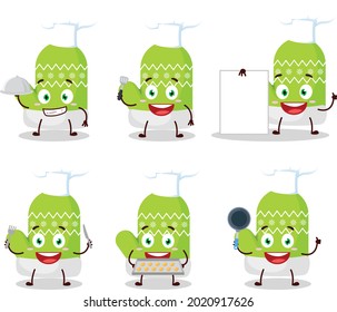 Cartoon character of new green gloves with various chef emoticons. Vector illustration
