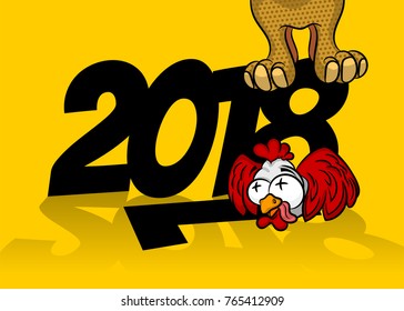 Cartoon character new year poster. 2018 dog crushed rooster funny vector illustration. Dark humor holiday pop art label banner. Animal sticker. Shock design China holiday greeting horoscope.