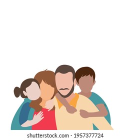 Cartoon character of no face happy family together: Daughter hug mother,son holding the back father. Happy international family with kids -family health and wellness -modern.Vector isolate flat design