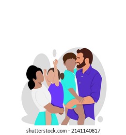 Cartoon character of no face happy family together: Daughter hug mother,young father holding son. Happy international family with kids -family health and wellness -modern.Vector isolate flat design.