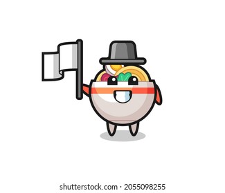 Cartoon character of noodle bowl holding a flag , cute style design for t shirt, sticker, logo element