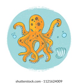 Cartoon character octopus emblem. Grunge vector ocean animal logo icon isolated illustration