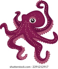 Cartoon character octopus isolated on white background.Marine life with tentacles, suckers and eyes.Inhabitant of the seabed.Cute print on fabric and paper.Vector flat style illustration.