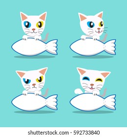 Cartoon character Odd-eyed cat with big fish sign