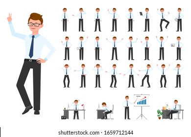 Cartoon Character Office Business Man Vector Illustration. Flat Style Design Glasses Human Worker Guy Person Poses Set