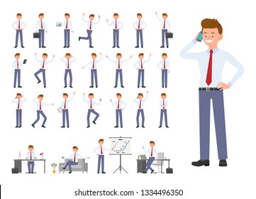 Cartoon character of office man different poses, emotions design set. Happy, sad, surprised, angry young male in business clothes standing, sitting on white background