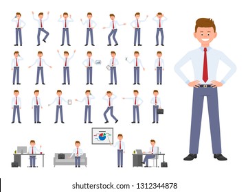 Cartoon character of office manager different poses, emotions design set. Happy, sad, surprised, angry young man in business clothes standing, sitting on white background