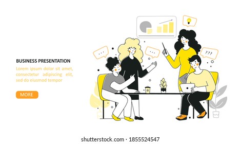 Cartoon character office planning meeting for concept design flat vector landing page template.