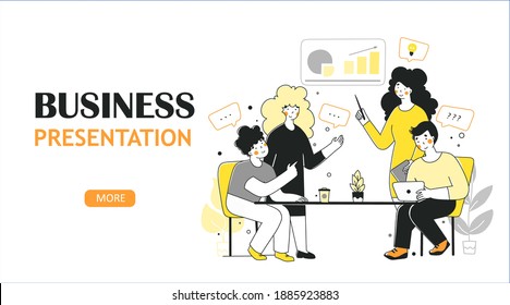 Cartoon character office planning meeting for concept design flat vector landing page template.