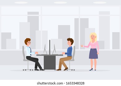 Caricatura de los trabajadores de oficina sentados en el escritorio, escribiendo en el ordenador, escritorio, ilustración del vector del teclado. Gerente de negocios parada, dando instrucciones al juego de personajes de caricaturas de compañeros de trabajo