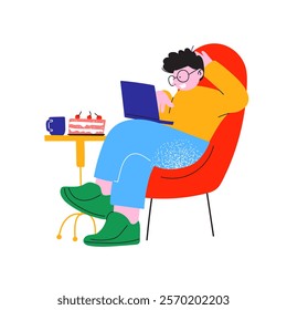 Cartoon character office worker using a laptop. Mascot sitting at a table with a PC computer. Human in the office and coworking space, vector flat illustration in retro doodle style