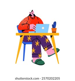 Cartoon character office worker using a laptop. Mascot sitting at a table with a PC computer. Human in the office and coworking space, vector flat illustration in retro doodle style