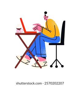 Cartoon character office worker using a laptop. Mascot sitting at a table with a PC computer. Human in the office and coworking space, vector flat illustration in retro doodle style