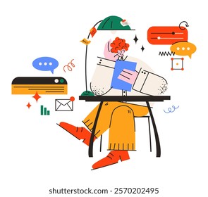 Cartoon character office worker using a laptop. Mascot sitting at a table with a PC computer. Human in the office and coworking space, vector flat illustration in retro doodle style