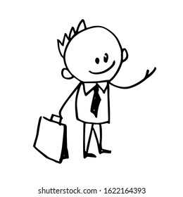 Cartoon character official with a briefcase. Stick figure, Doodle illustration. Vector.
