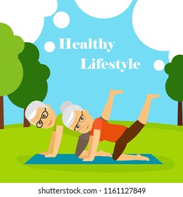 Cartoon character old couple doing yoga in the park, vector illustration