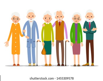 Cartoon Character Old Group. Older People Are Standing Together And Smiling. Retired Elderly Senior Age Couple. Happy Aged Friends. Female Male Symbol. Flat Illustration Isolated On White Background.
