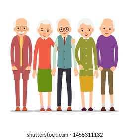 Cartoon Character Old Group. Older People Are Standing Together And Smiling. Retired Elderly Senior Age Couple. Happy Aged Friends. Female Male Symbol. Flat Illustration Isolated On White Background.
