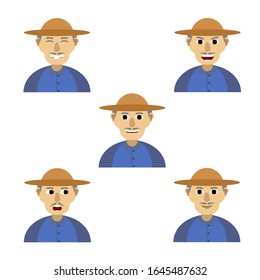 Cartoon character of an old man in different poses. Isolated on white background. 