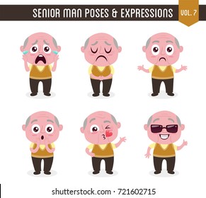 Cartoon character of an old man in different poses. Isolated on white background. Body gestures and facial expressions. Set 7 of 8.