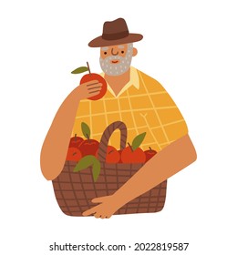 Cartoon character - old man farmer holding red apple with basket isolated on white. Standing and smyling male character in yellow plaid shirt. Flat vector illustration.