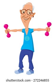 cartoon character of old man making physical exercises