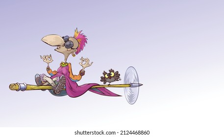 Cartoon character- Old punk-hippie Witch with owl on broom with proprller. 