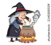 Cartoon character of old witch boiling poison