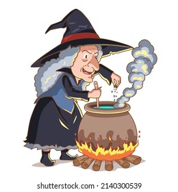 Cartoon character of old witch boiling poison