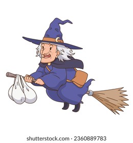 Cartoon character of old witch flying on a broom.