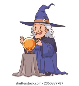 Cartoon character of old witch looking at crystal ball.
