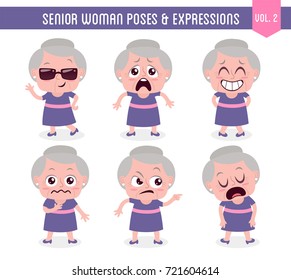 Cartoon character of an old woman in different poses. Isolated on white background. Body gestures and facial expressions. Set 2 of 8.