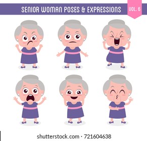Cartoon character of an old woman in different poses. Isolated on white background. Body gestures and facial expressions. Set 6 of 8.